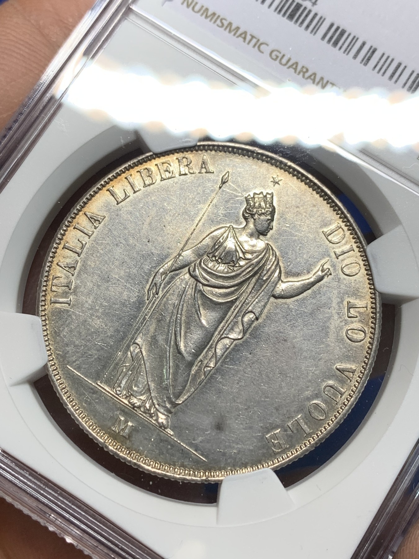 《竞宝斋》第242场-周日，周一 新年开场 (全场包邮) NGC UNC 意大利1848年伦巴第革命政府5里拉银币 女神像