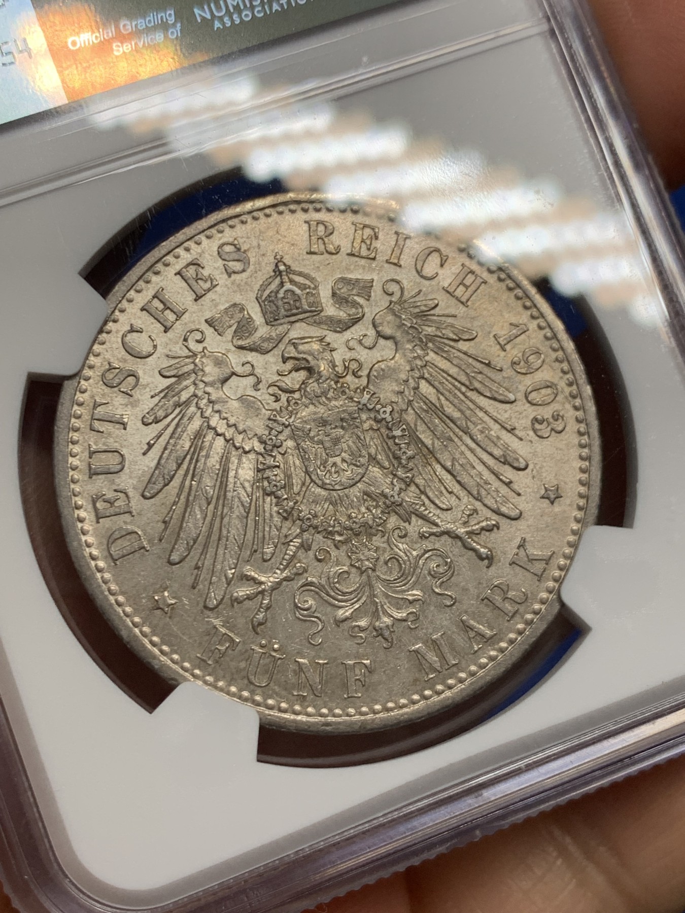 《竞宝斋》第242场-周日，周一 新年开场 (全场包邮) NGC MS62 德国1903D巴伐利亚奥托5马克大银币 流通版5马克MS极少