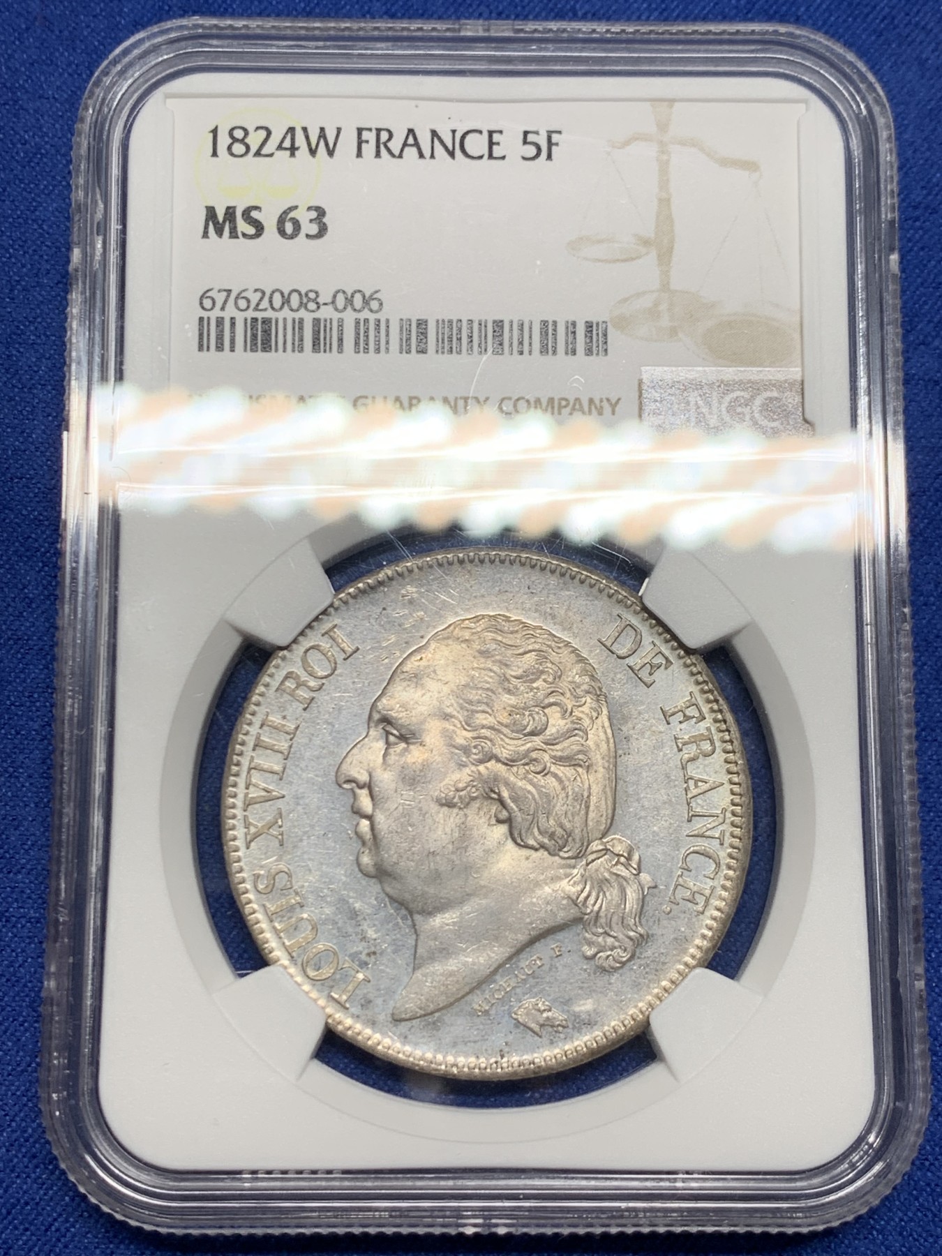 《竞宝斋》第242场-周日，周一 新年开场 (全场包邮) NGC MS63 法国1824年W里尔厂路易十八5法郎银币 路易十八最后一年状态很好，热门品种 高分难得