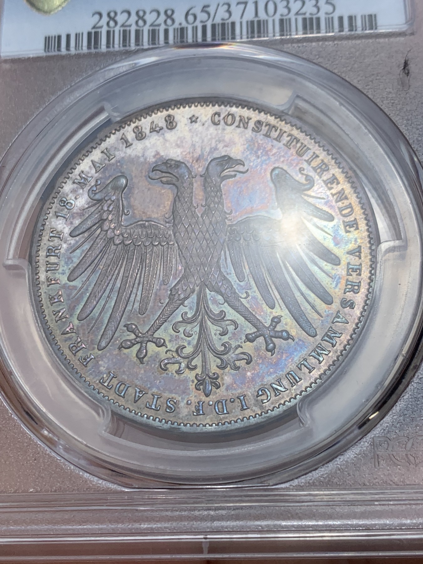 《竞宝斋》第242场-周日，周一 新年开场 (全场包邮) PCGS MS65 德国1848年法兰克福双面鹰2盾银币 双面包浆 太美