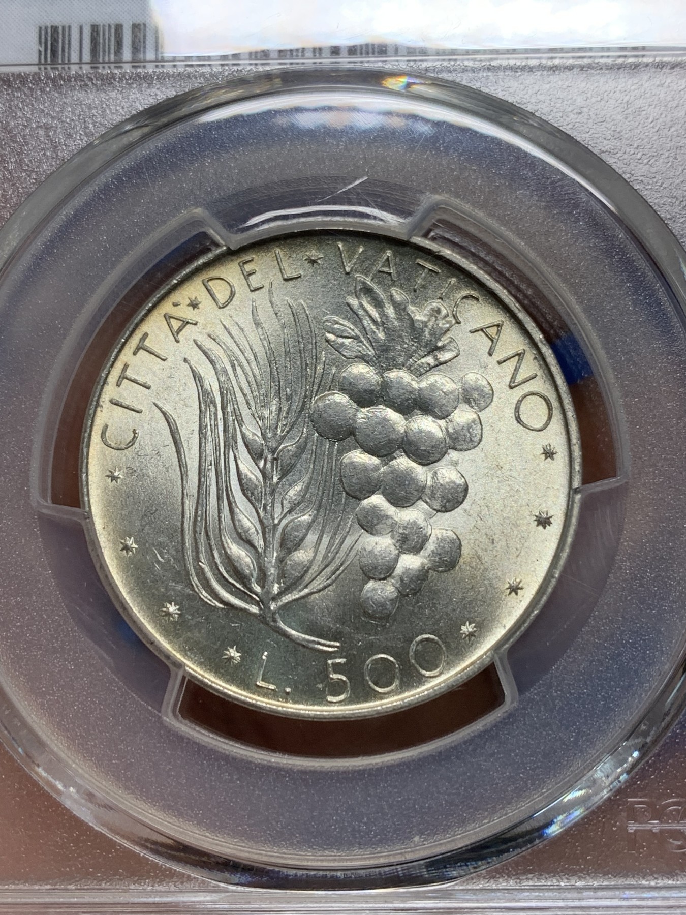 《竞宝斋》第242场-周日，周一 新年开场 (全场包邮) PCGS MS64 梵蒂冈1973年500里拉银币 漂亮葡萄图案