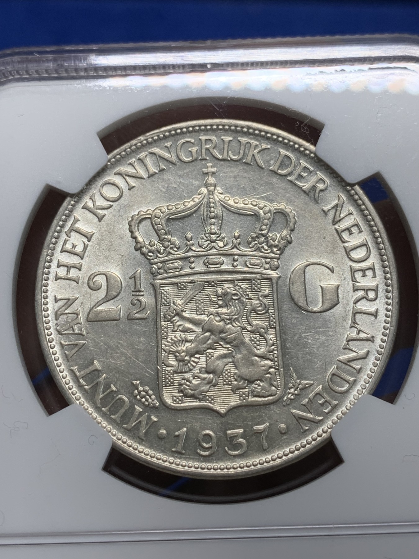 《竞宝斋》第242场-周日，周一 新年开场 (全场包邮) NGC AU58 荷兰1937年女王威廉明娜2.5盾银币