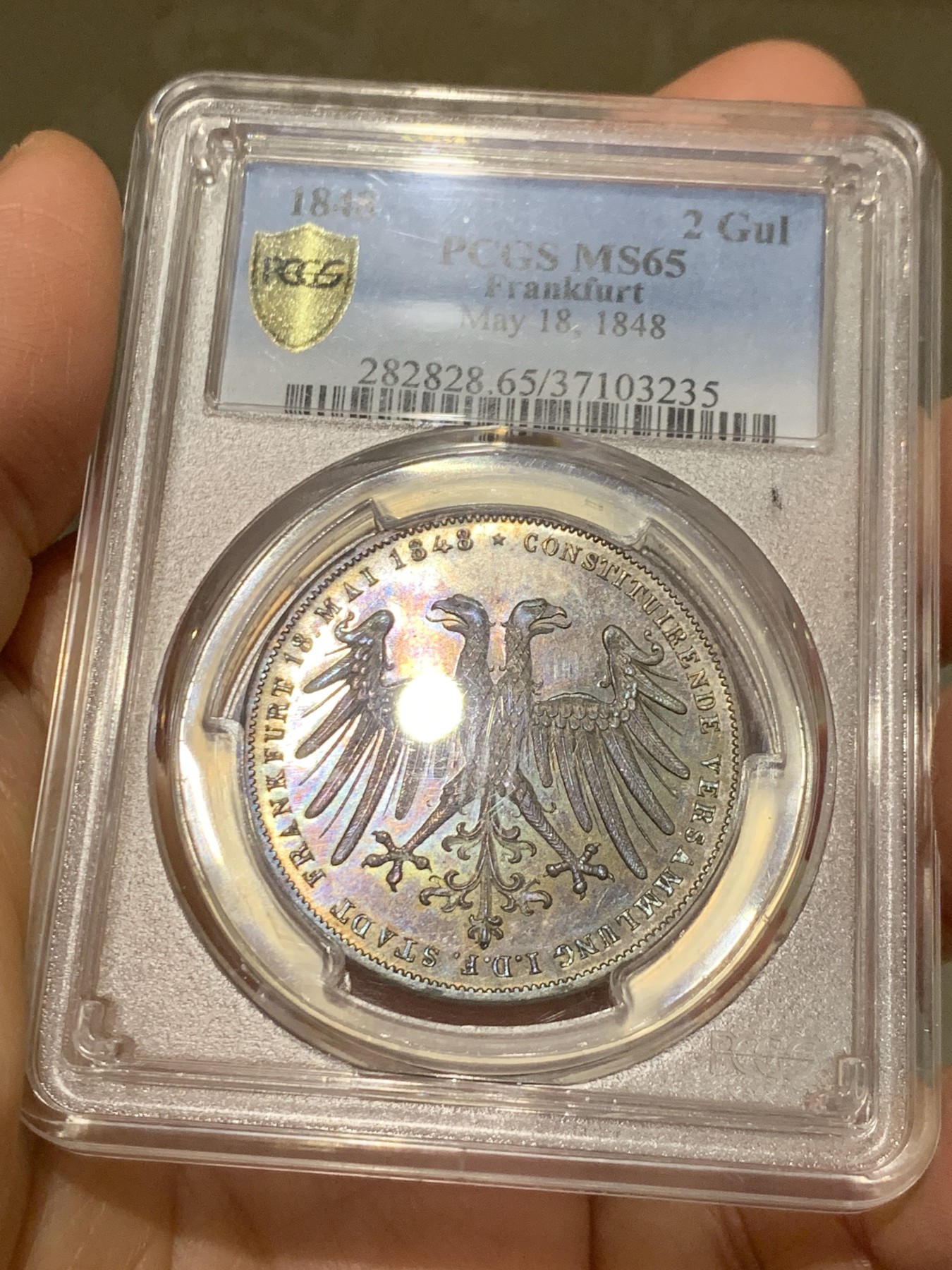 《竞宝斋》第242场-周日，周一 新年开场 (全场包邮) PCGS MS65 德国1848年法兰克福双面鹰2盾银币 双面包浆 太美