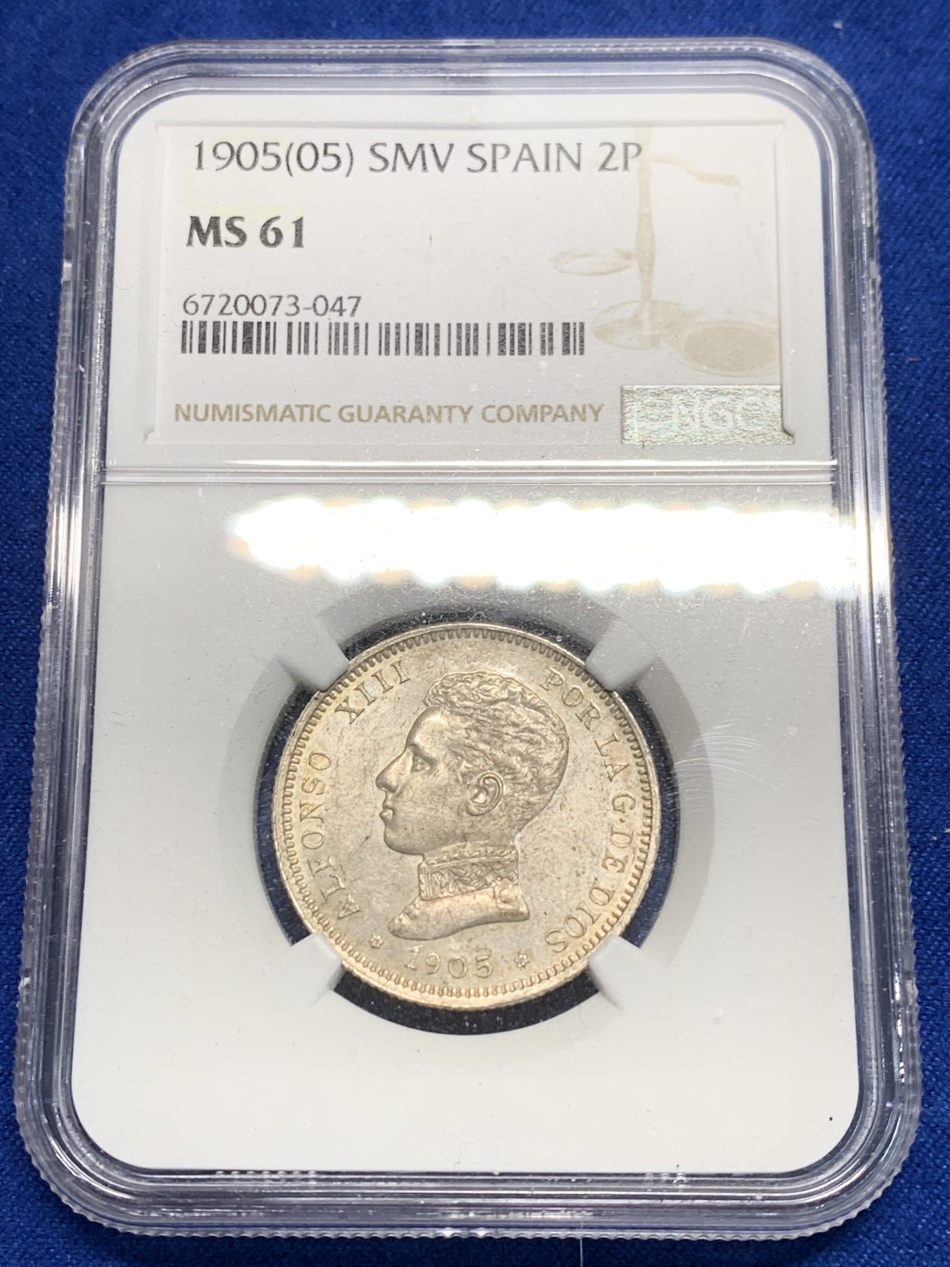 《竞宝斋》第242场-周日，周一 新年开场 (全场包邮) NGC MS61 西班牙1905阿方索十三世2比塞塔银币