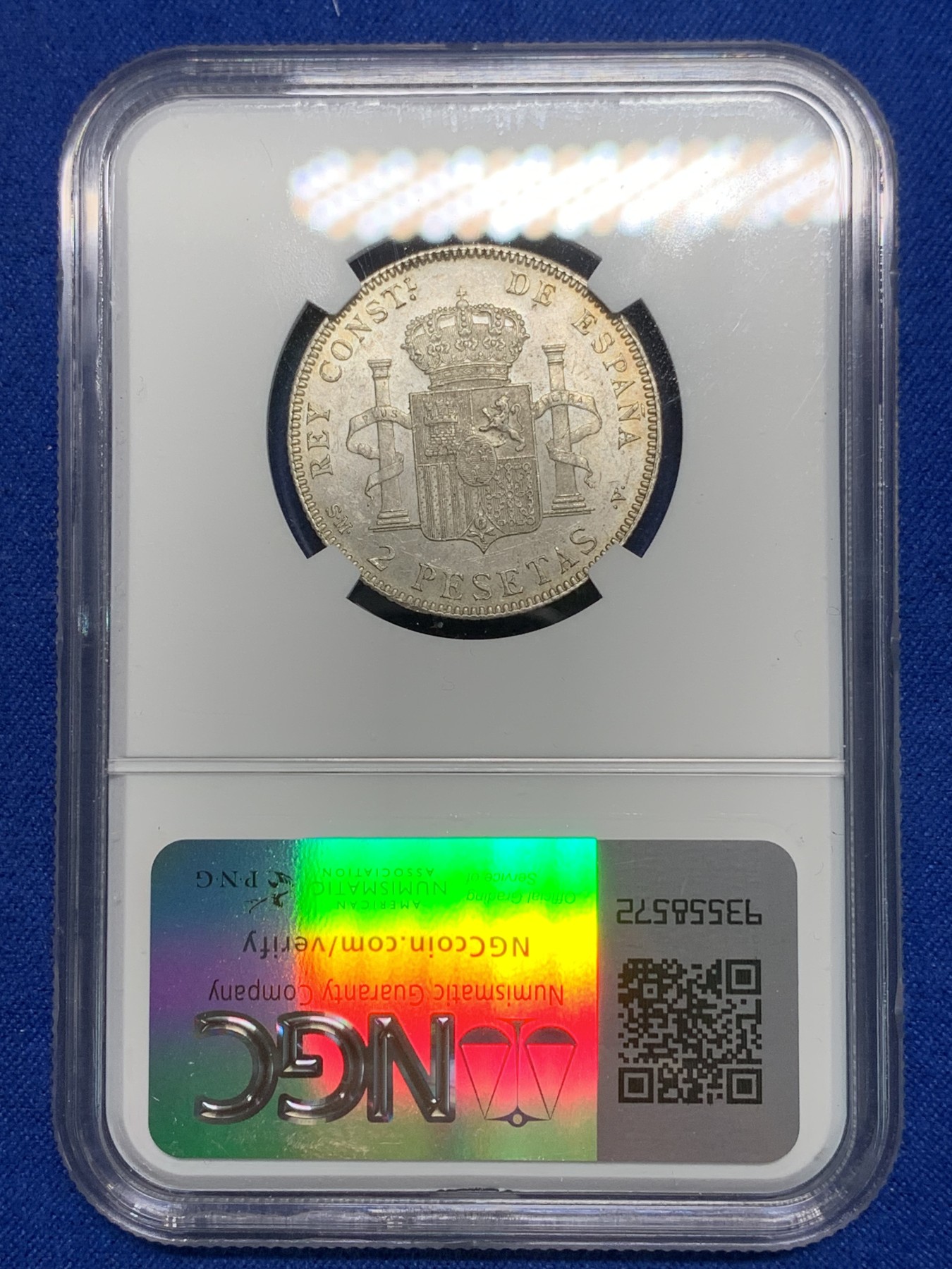 《竞宝斋》第242场-周日，周一 新年开场 (全场包邮) NGC MS61 西班牙1905阿方索十三世2比塞塔银币