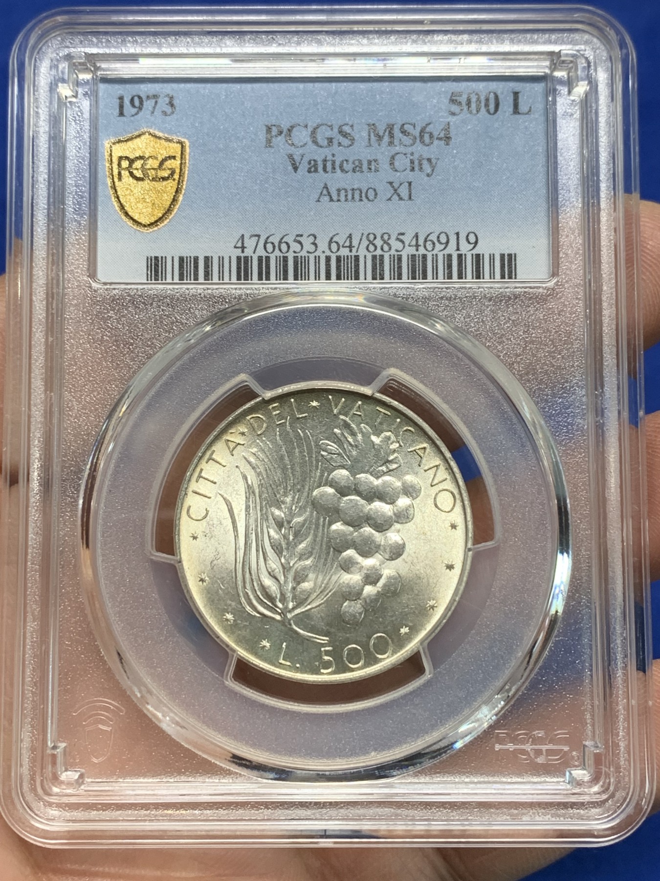 《竞宝斋》第242场-周日，周一 新年开场 (全场包邮) PCGS MS64 梵蒂冈1973年500里拉银币 漂亮葡萄图案