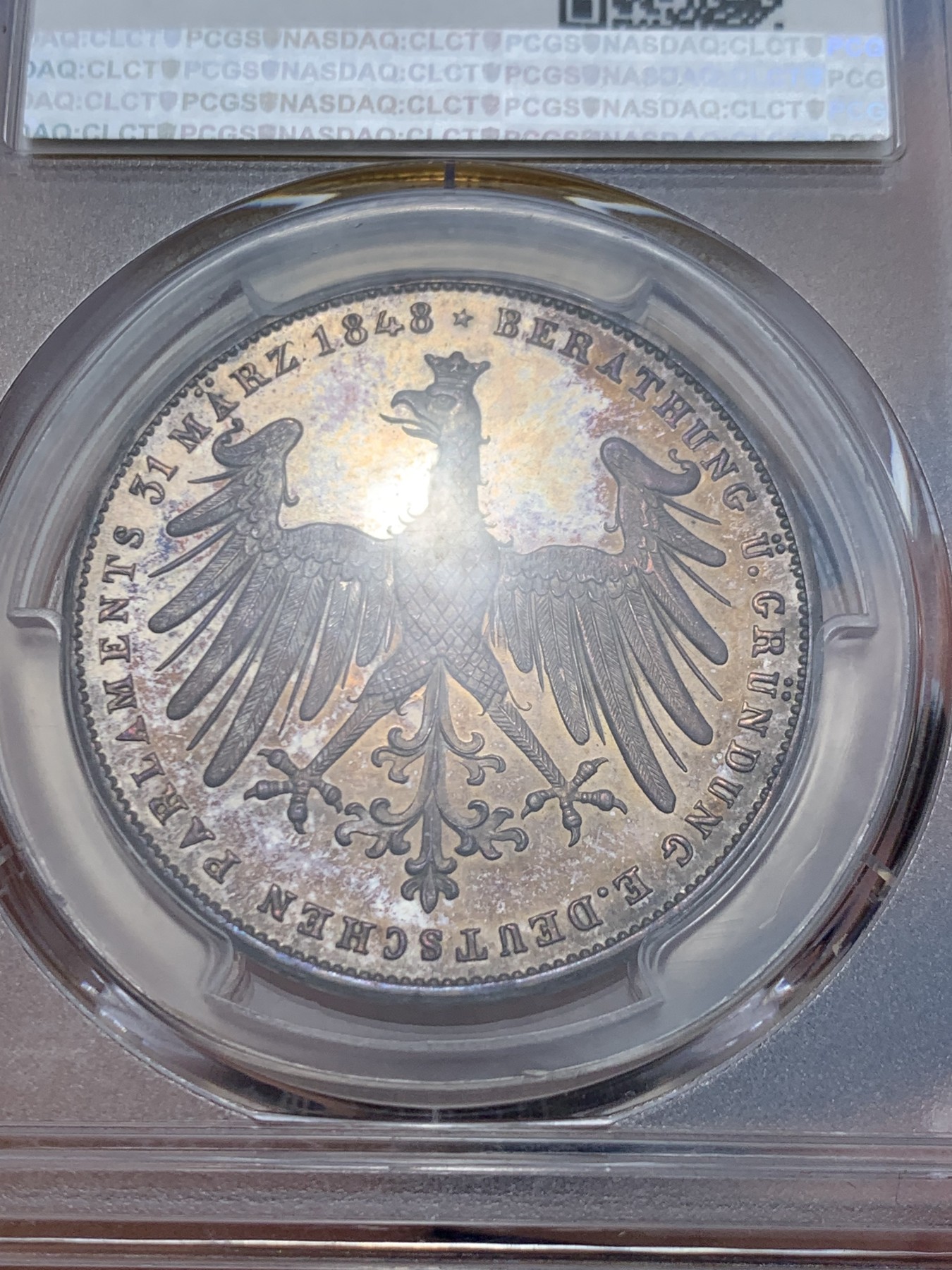 《竞宝斋》第242场-周日，周一 新年开场 (全场包邮) PCGS MS65 德国1848年法兰克福双面鹰2盾银币 双面包浆 太美