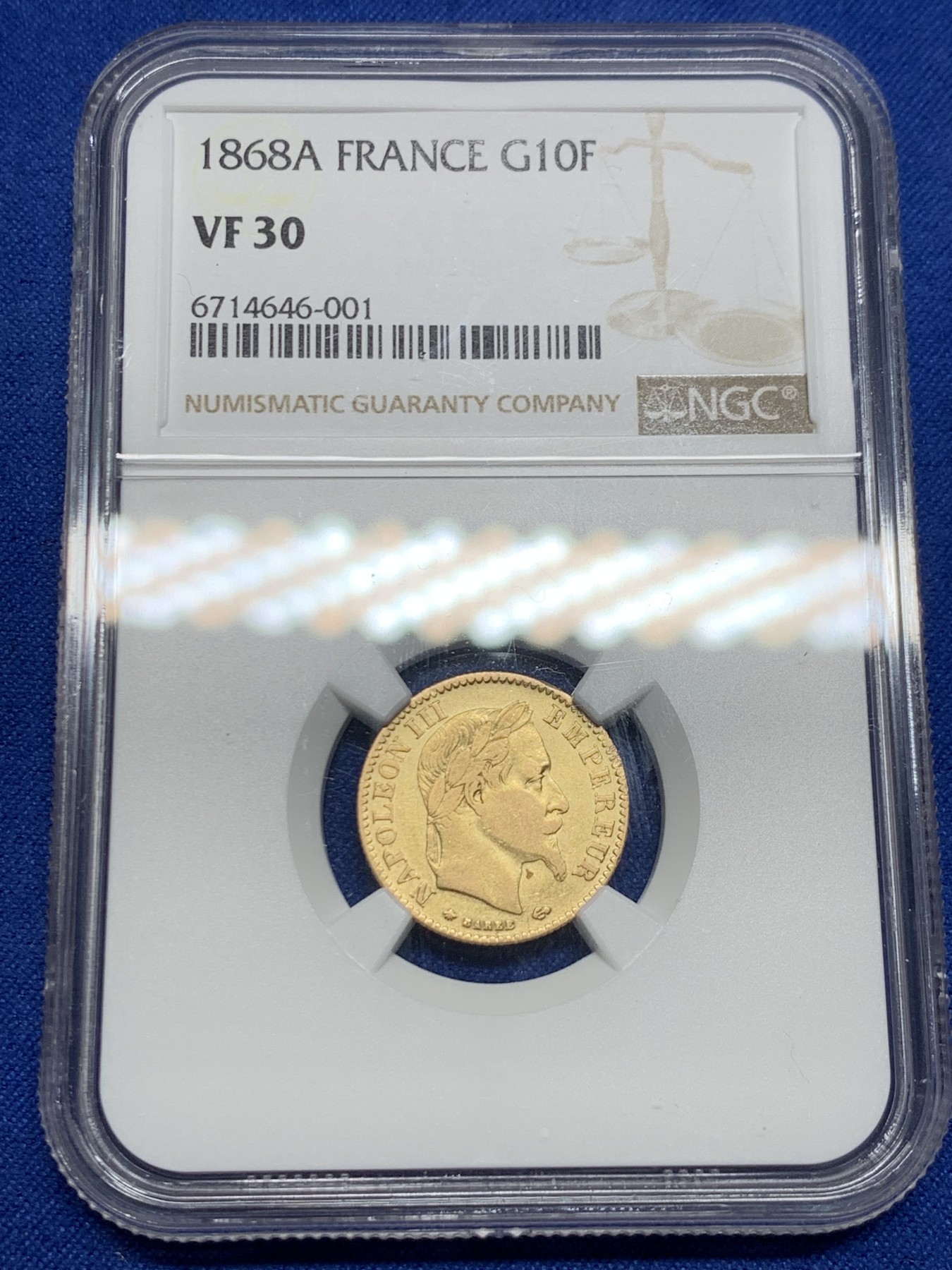 《竞宝斋》第242场-周日，周一 新年开场 (全场包邮) NGC VF30 法国1868年A版拿破仑三世10法郎金币