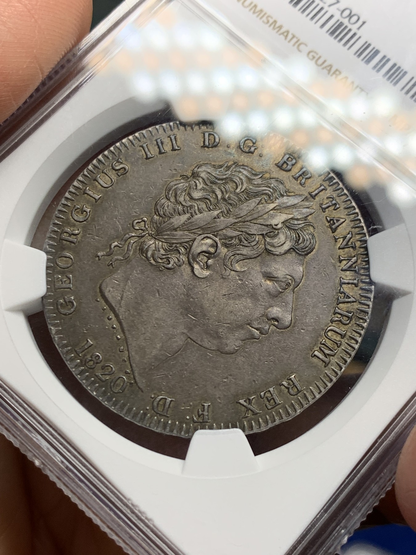 《竞宝斋》第242场-周日，周一 新年开场 (全场包邮) NGC AU50 1820年英国乔三马剑克朗银币 醇厚的英伦黑色包浆 细节好，明显低评