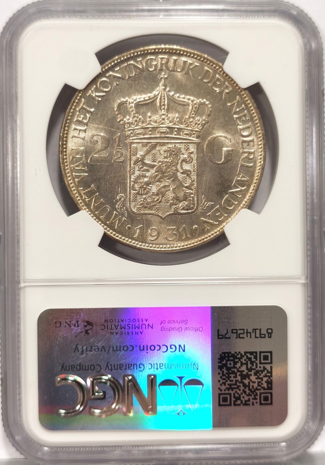 博洋堂世界钱币拍卖第066期（全场包邮） NGC MS62 荷兰1931年威廉明娜女王2.5盾大银币
