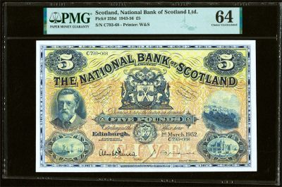 【Blue Auction】✨世界纸币精拍第437期【精】 -  【仅2张更高分 超大票幅】苏格兰 1943-56年5镑 W&S出品 设计精美 大场景 PMG64 全新品相非常少见 