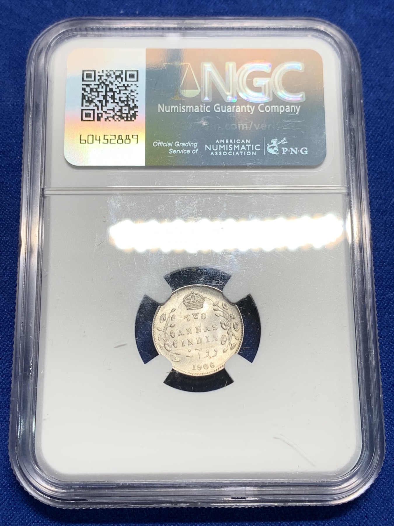 《竞宝斋》第242场-周日，周一 新年开场 (全场包邮) NGC MS63 英属印度1906年C版爱七2安娜银币 原卷拆评级