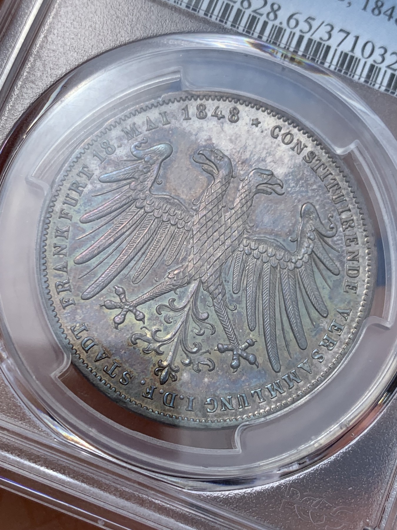 《竞宝斋》第242场-周日，周一 新年开场 (全场包邮) PCGS MS65 德国1848年法兰克福双面鹰2盾银币 双面包浆 太美