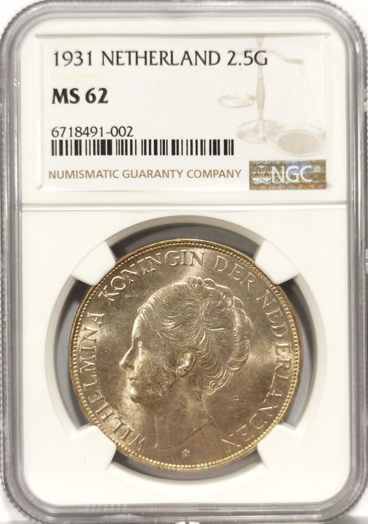 博洋堂世界钱币拍卖第066期（全场包邮） NGC MS62 荷兰1931年威廉明娜女王2.5盾大银币