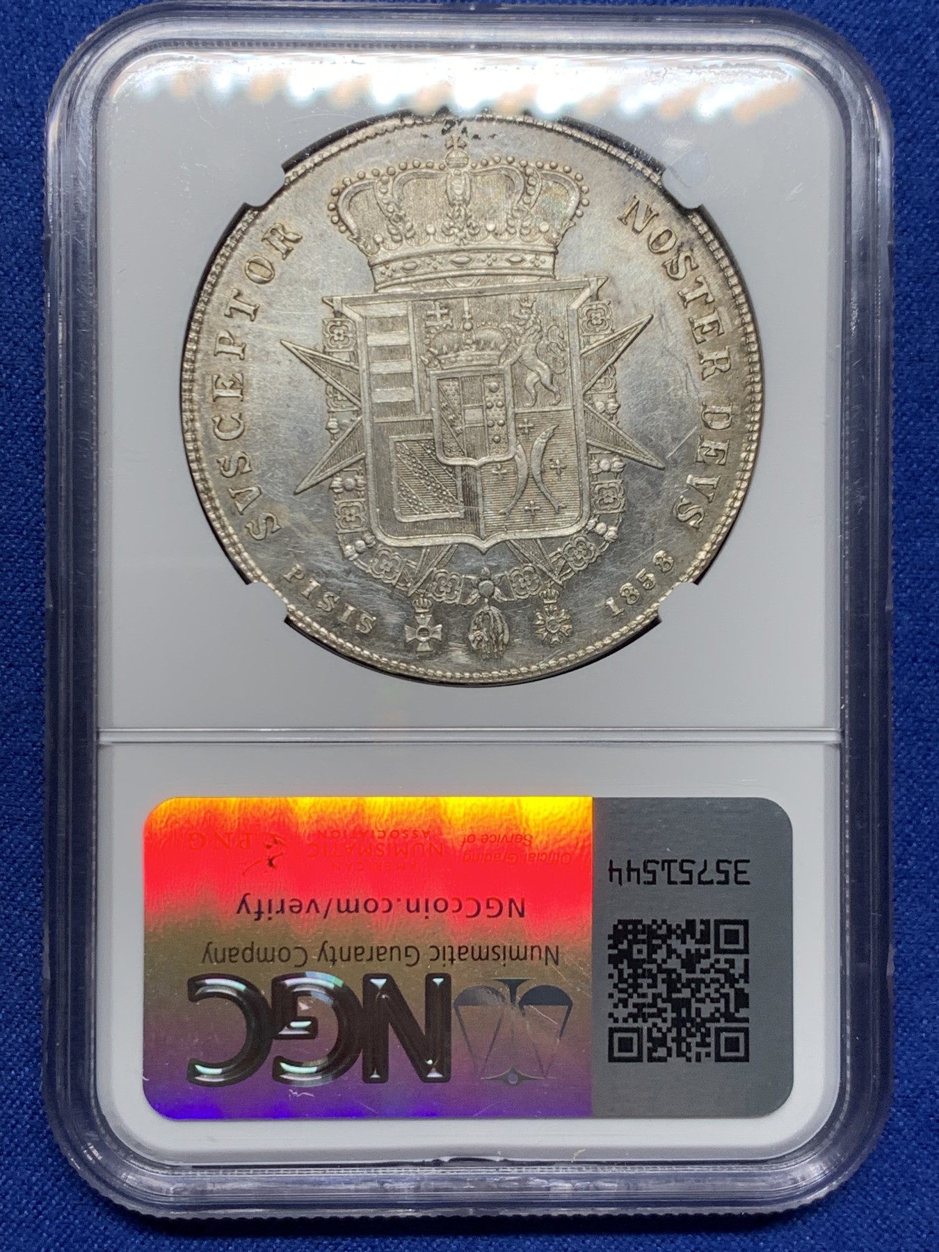 《竞宝斋》第242场-周日，周一 新年开场 (全场包邮) NGC UNC 意大利1858年托斯卡纳4FIOR银币 细节好