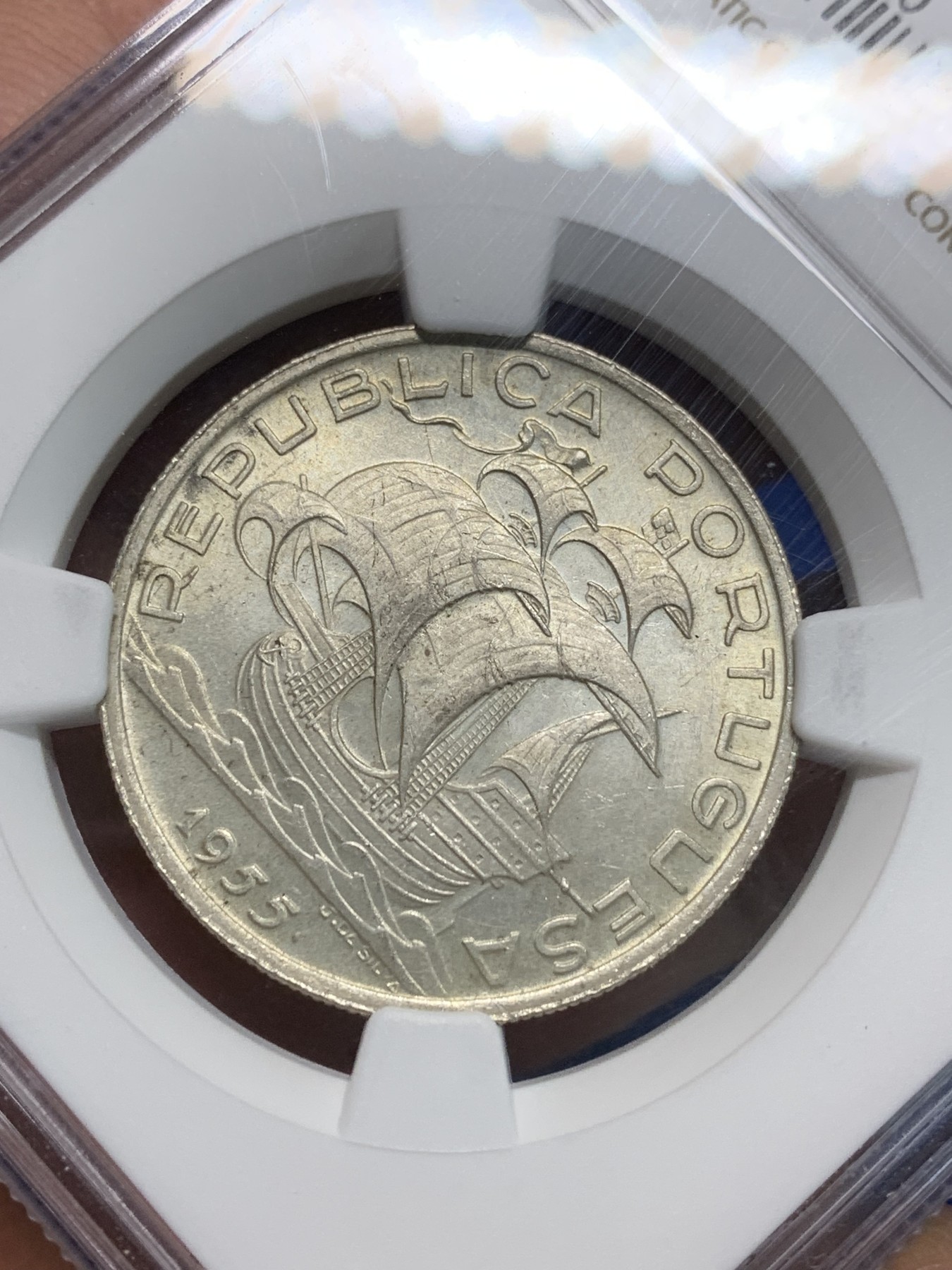 《竞宝斋》第242场-周日，周一 新年开场 (全场包邮) NGC-MS64 葡萄牙1955年大帆船10埃斯库多银币 一帆风顺 性价比高