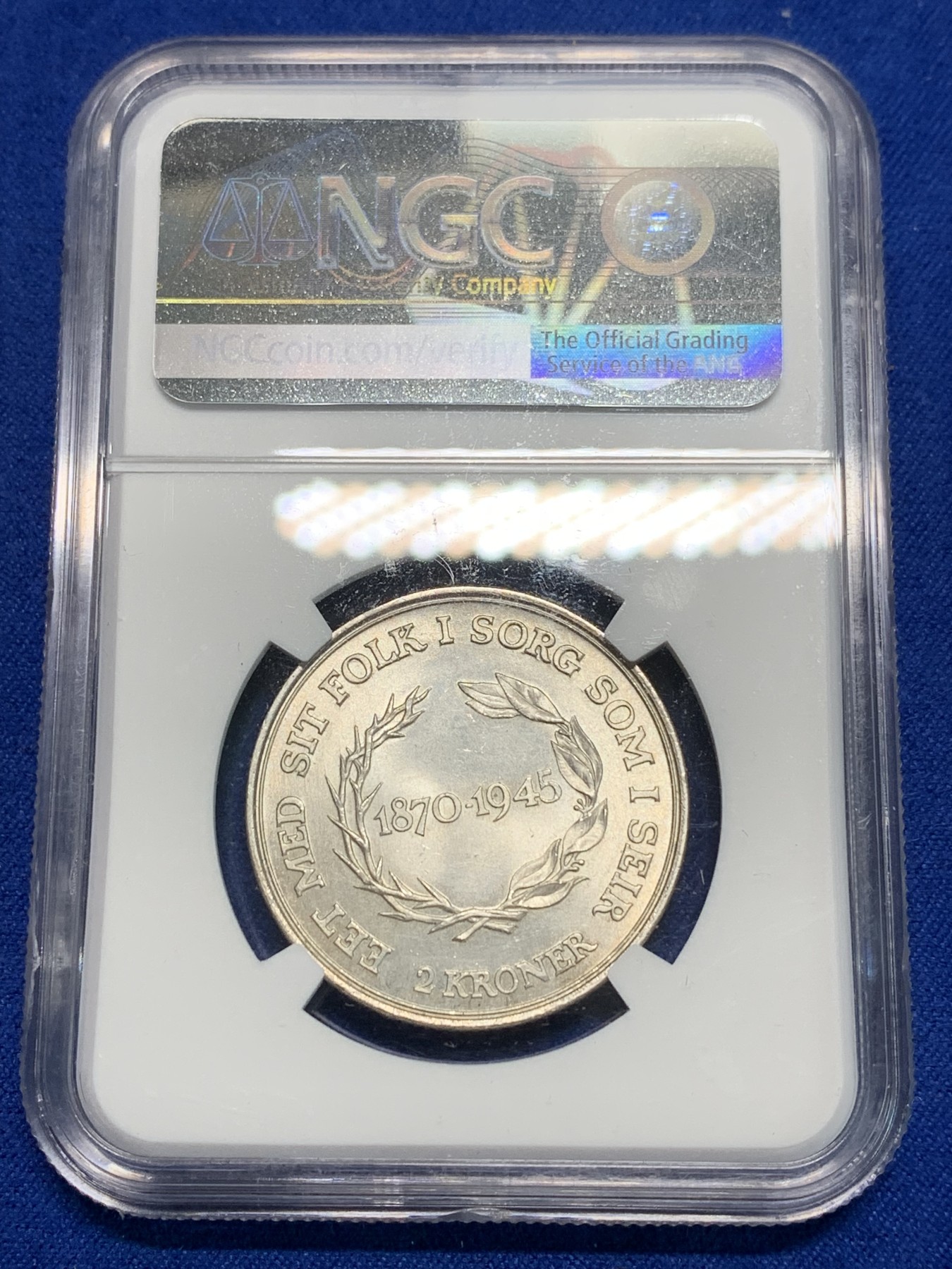 《竞宝斋》第242场-周日，周一 新年开场 (全场包邮) NGC MS64 丹麦1945年克里斯蒂安十世国王75大寿纪念2克朗银币