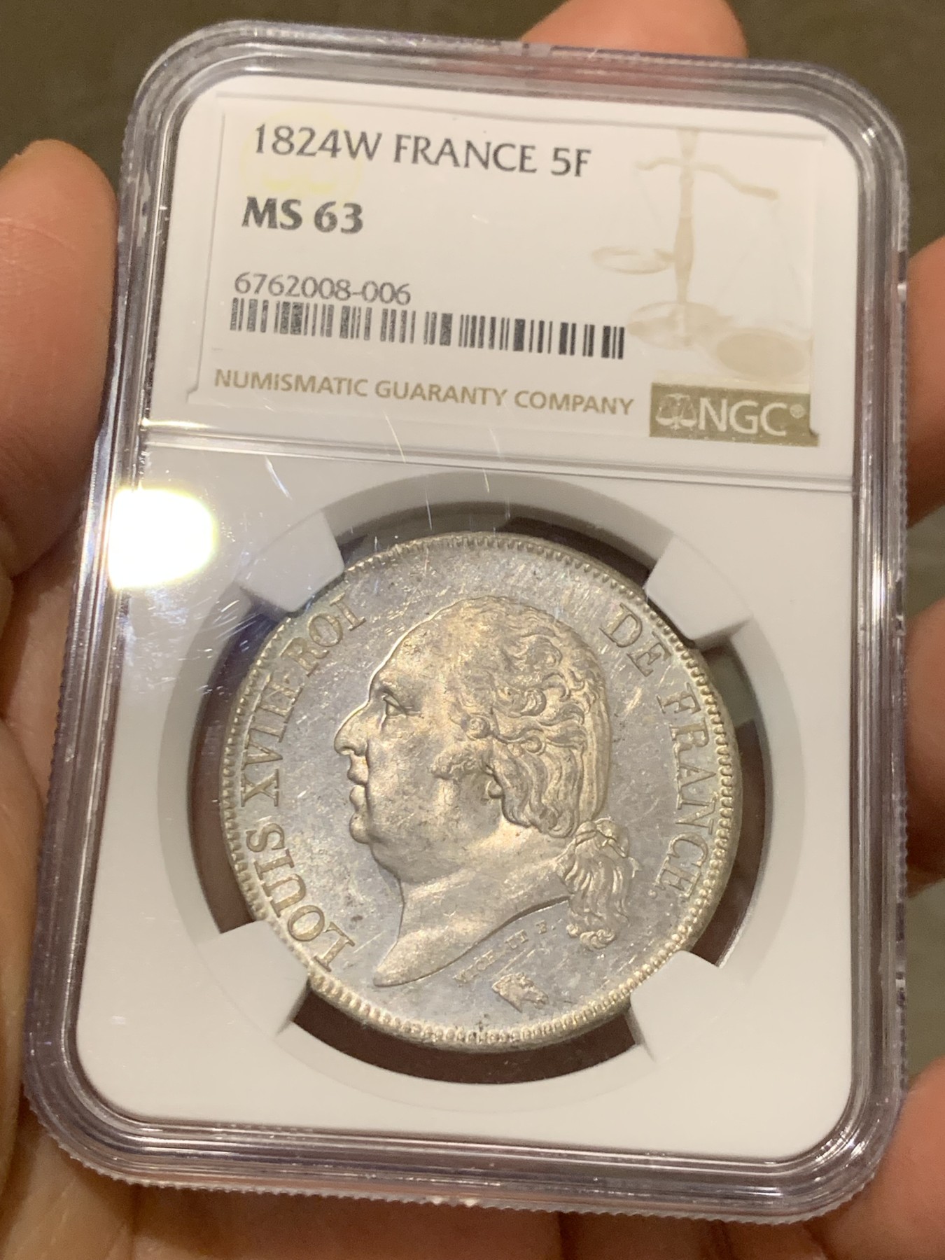 《竞宝斋》第242场-周日，周一 新年开场 (全场包邮) NGC MS63 法国1824年W里尔厂路易十八5法郎银币 路易十八最后一年状态很好，热门品种 高分难得