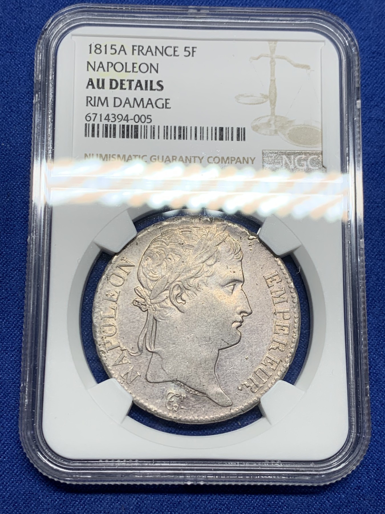 《竞宝斋》第242场-周日，周一 新年开场 (全场包邮) 名誉品 NGC AU 法国 1815年 拿破仑一世 百日王朝 5法郎银币 从3月20日返回法国到6月18日滑铁卢战败 不足百日 发行量极少 也是拿一收藏难点所在 不可错过