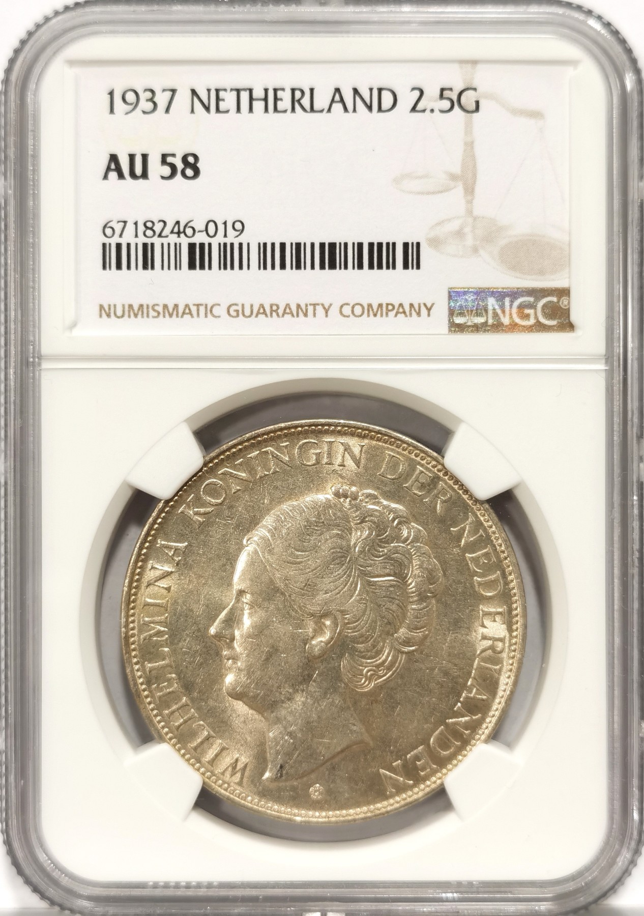 博洋堂世界钱币拍卖第066期（全场包邮） NGC AU58 荷兰1937年威廉明娜女王2.5盾大银币