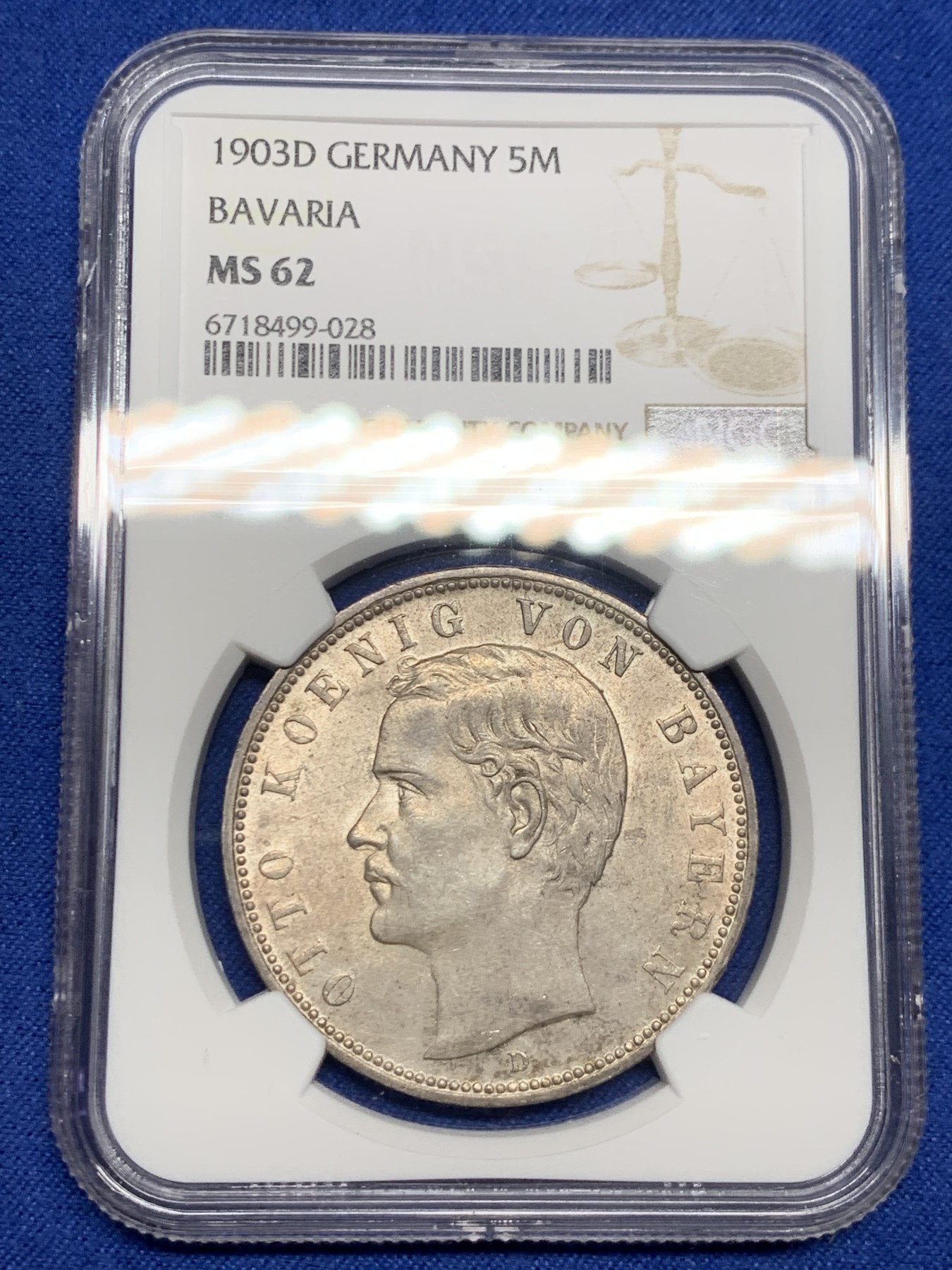 《竞宝斋》第242场-周日，周一 新年开场 (全场包邮) NGC MS62 德国1903D巴伐利亚奥托5马克大银币 流通版5马克MS极少