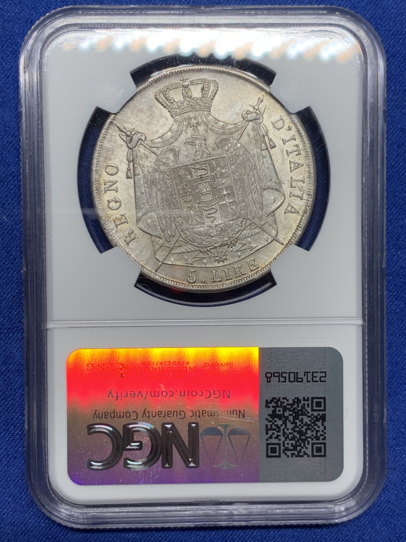 《竞宝斋》第242场-周日，周一 新年开场 (全场包邮) NGC AU55 意大利王国1811 拿破仑5里拉 拿破仑翻越阿尔卑斯山，战胜意大利，铸造的大银币！