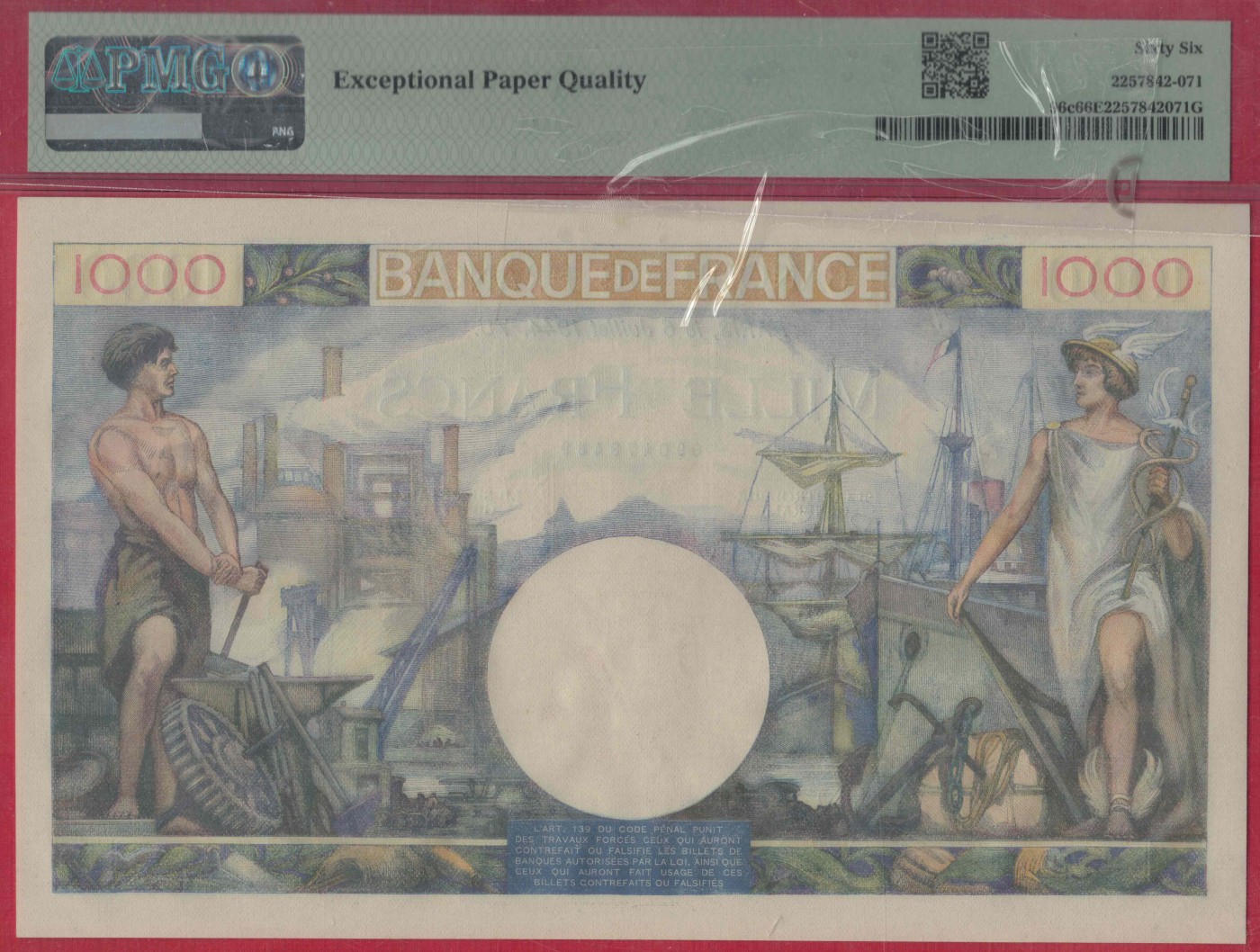 法国1944年1000法郎 克劳斯目录P-96c 欧洲纸币 实物如图 UNC