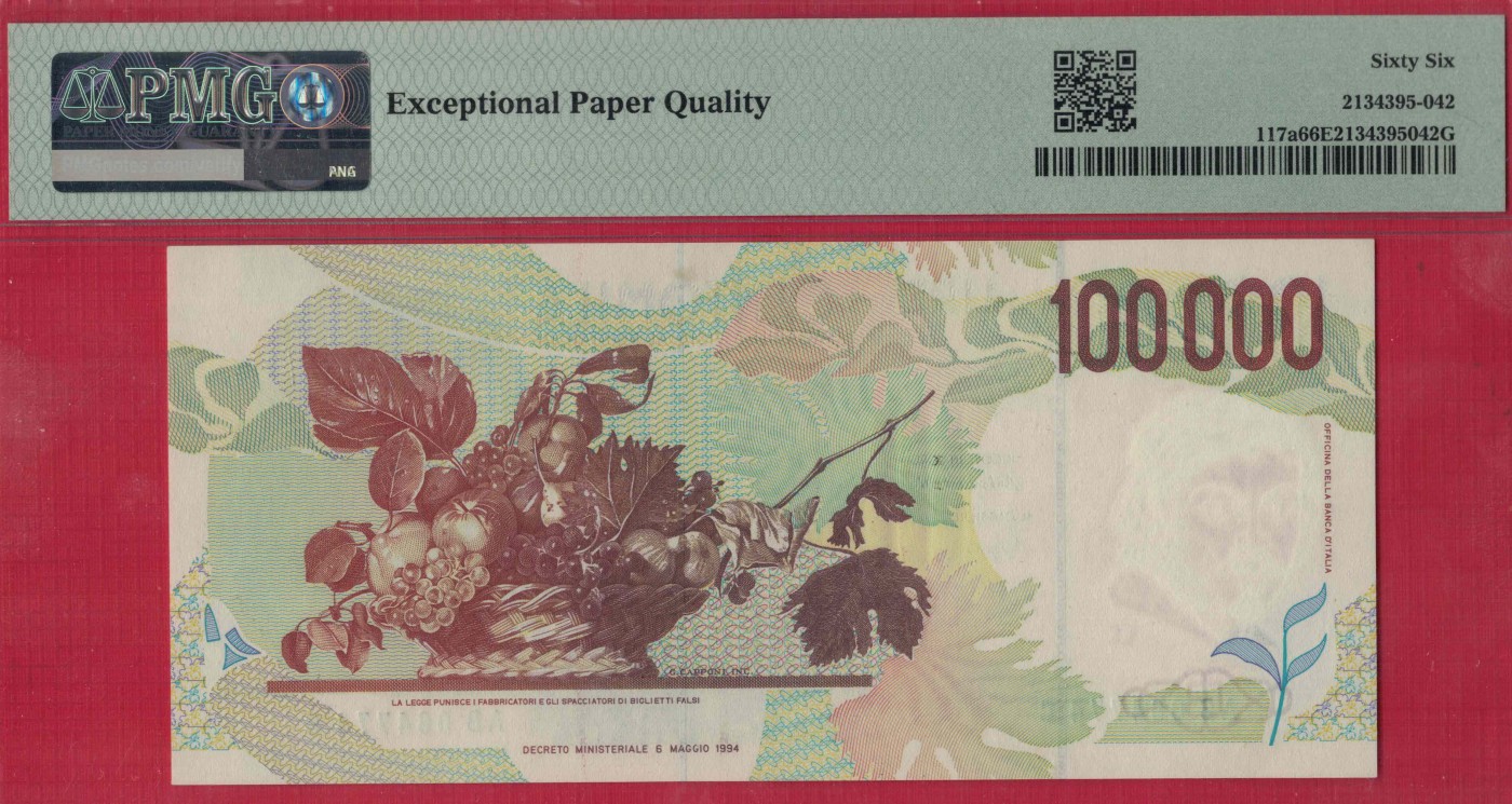 意大利1994年100000里拉(10万里拉) P-117a 欧洲纸币 实物图 UNC