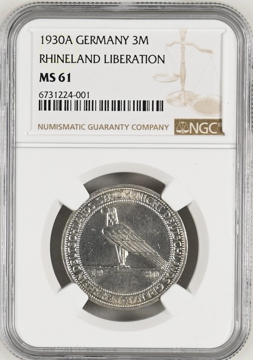 🎉🎊乐享宝藏💎💰~20240317专场 德国3马克银币~莱茵解放 NGS MS61 【面值】3马克 【尺寸】30mm 【材质】银 【重量】15g 【成色】50%