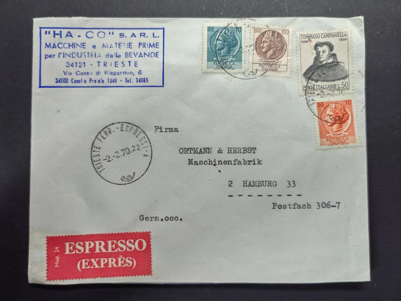 多国邮品✌（拍卖场）精品🔥专场 第五十场 意大利70年代 机械设备公司实寄邮封