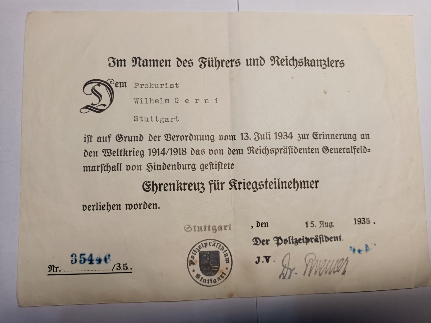 阿娜斯塔西亚军事题材拍卖第五期 魏玛Third Reich军人版兴登堡奖章证书签署于1935