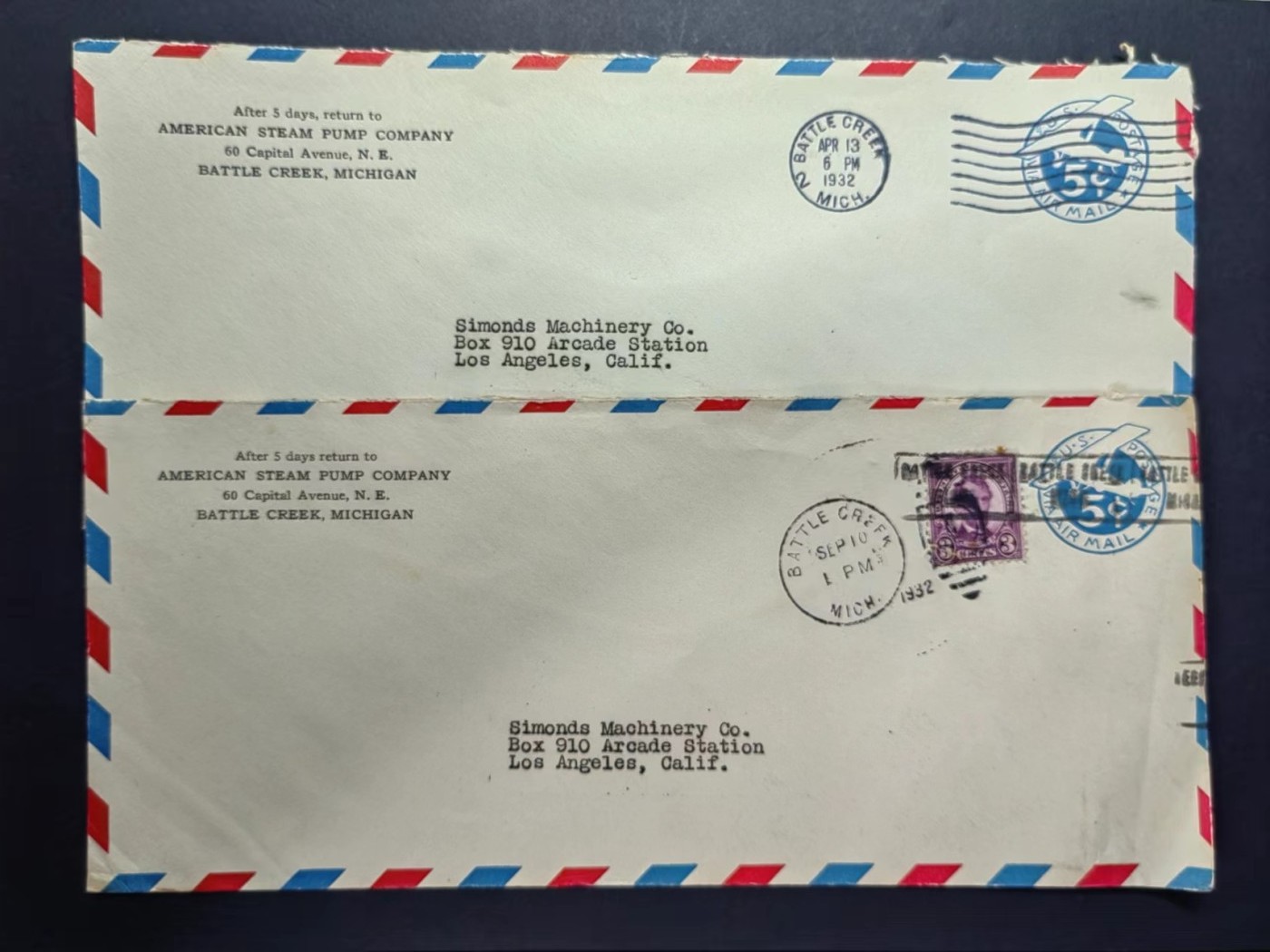 多国邮品✌（拍卖场）精品🔥专场 第五十场 美国30年代实寄空运邮封（美国气泵公司寄德国西蒙机械公司）