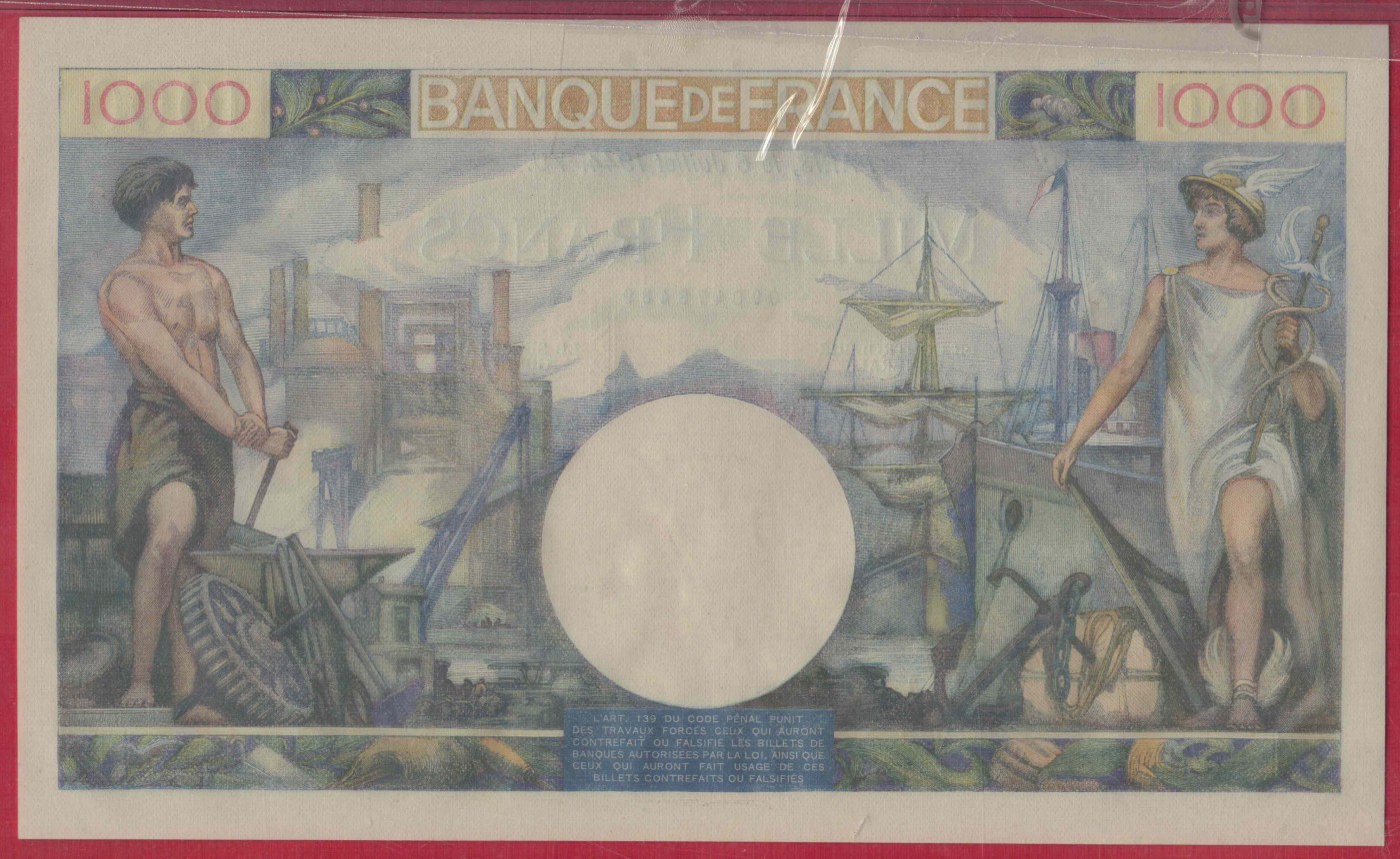 法国1944年1000法郎 克劳斯目录P-96c 欧洲纸币 实物如图 UNC