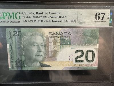 《外钞收藏家》第三百七十期（美洲纸币+其他） - 2004-07年加拿大20元 PMG67 获奖钞