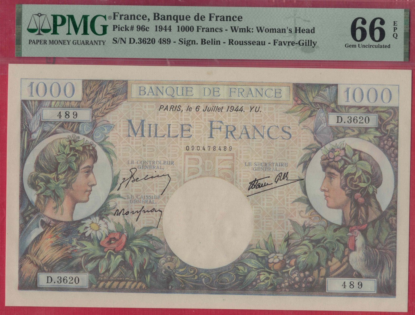 法国1944年1000法郎 克劳斯目录P-96c 欧洲纸币 实物如图 UNC