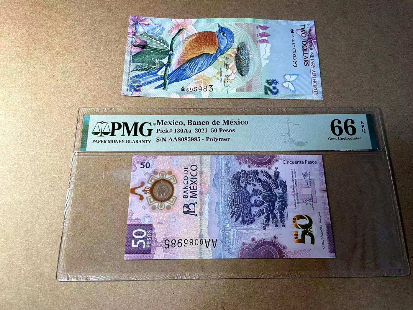 【Blue Auction】✨世界纸币精拍第438期【精】 【一组2张获奖钞无47 AA冠 洋葱冠】墨西哥 2021年50比索 PMG66EPQ&百慕大 2009年2元 蓝鸟 全新UNC