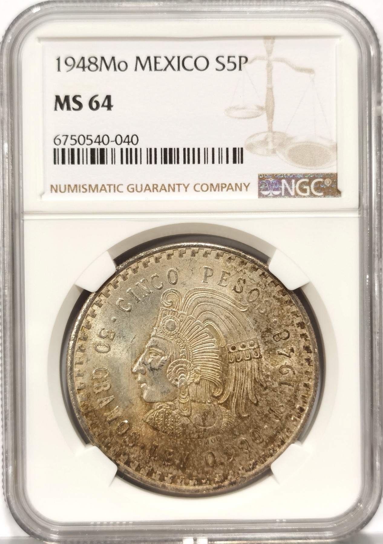 博洋堂世界钱币拍卖第066期（全场包邮） NGC MS64 墨西哥1948年玛雅人5比索大银币