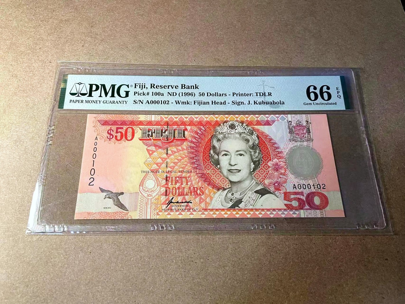 【Blue Auction】✨世界纸币精拍第438期【精】 【A冠102小号】斐济 1996年50元 女王 PMG66EPQ 