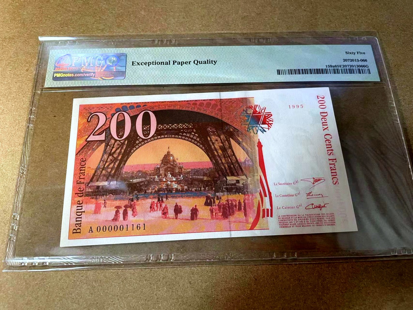 【Blue Auction】✨世界纸币精拍第438期【精】 【A冠1161小号 倒置号】法国 1995年200法郎 PMG65EPQ 