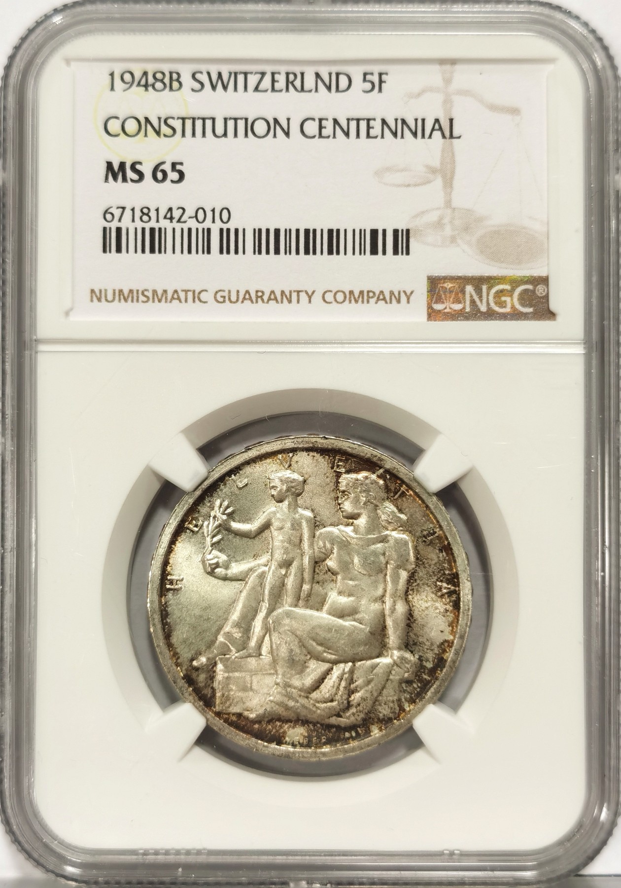 博洋堂世界钱币拍卖第066期（全场包邮） NGC MS65 瑞士1948B宪法纪念5法郎银币，卷拆送评