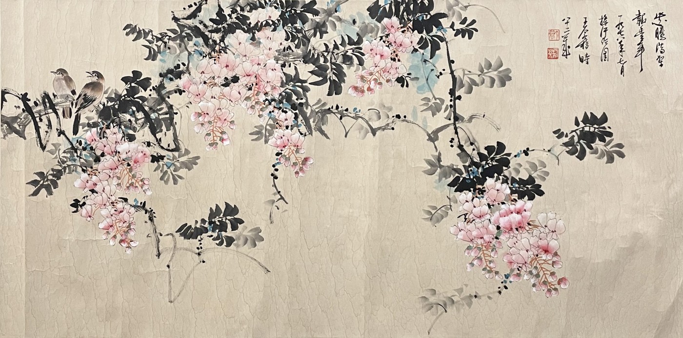 舒云轩知微见著文物局报备专场 王个簃《紫藤双雀》尺幅：65*129