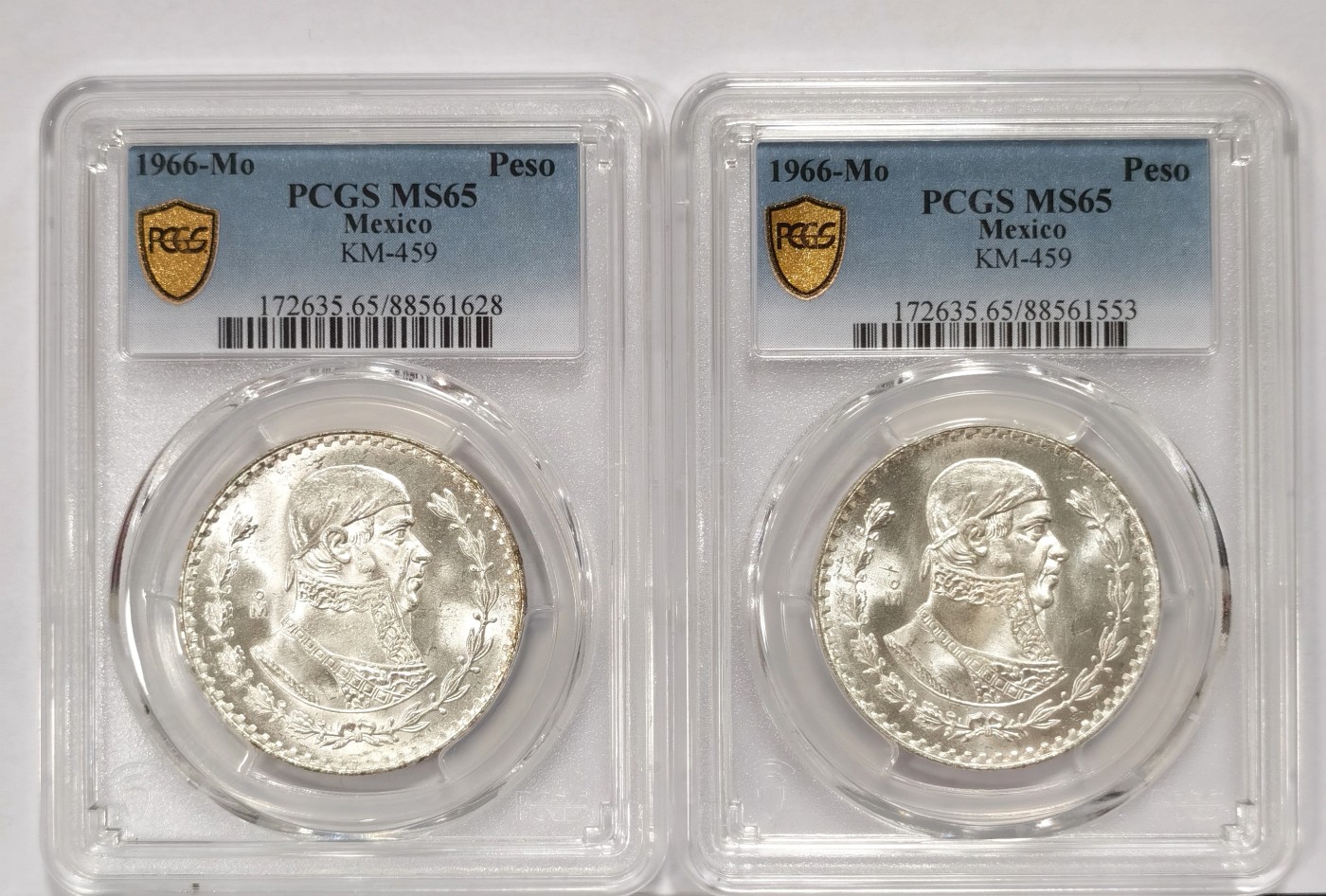 博洋堂世界钱币拍卖第066期（全场包邮） PCGS MS65 墨西哥1966年1比索鹰洋银币2枚一对