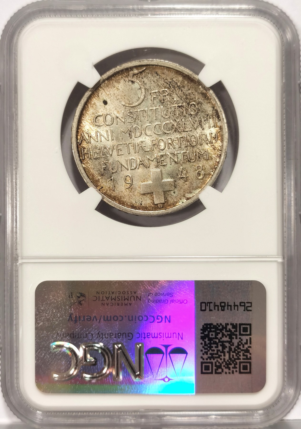 博洋堂世界钱币拍卖第066期（全场包邮） NGC MS65 瑞士1948B宪法纪念5法郎银币，卷拆送评