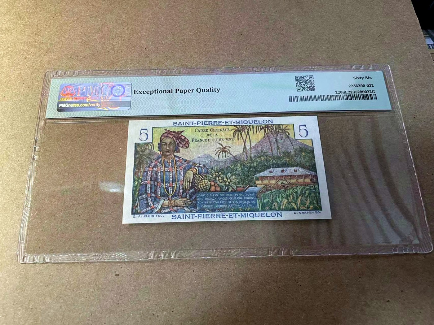 【Blue Auction】✨世界纸币精拍第438期【精】 圣皮埃尔和密克隆 1950-60年5法郎 PMG66EPQ 