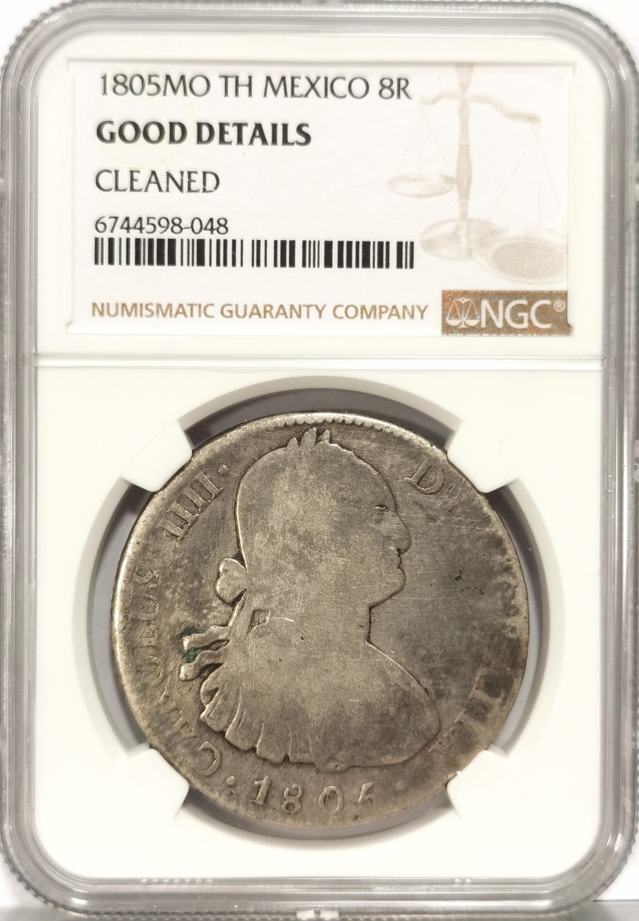 博洋堂世界钱币拍卖第066期（全场包邮） NGC GOOD 西属墨西哥1805年MO TH卡洛斯四世双柱银币，原汁原味，自然流通磨损