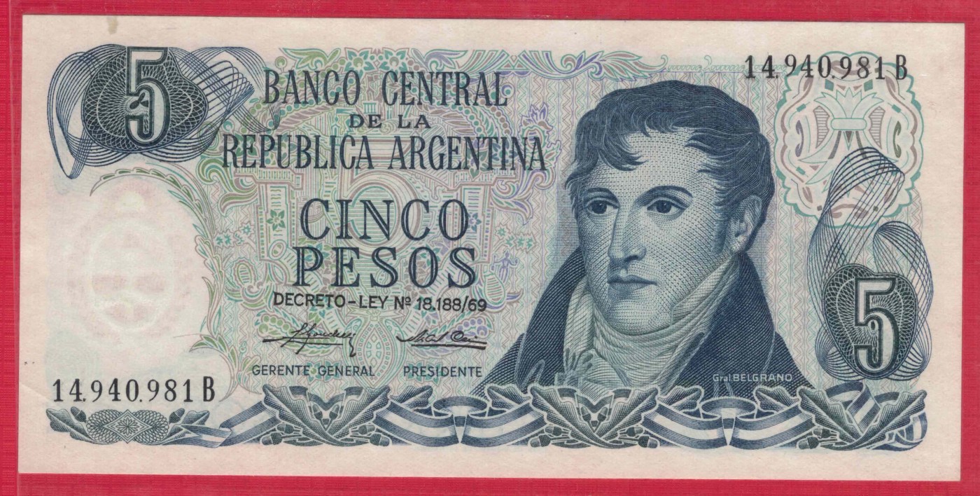阿根廷1974年至1976年5比索 B冠 P-294 美洲纸币 实物图 UNC
