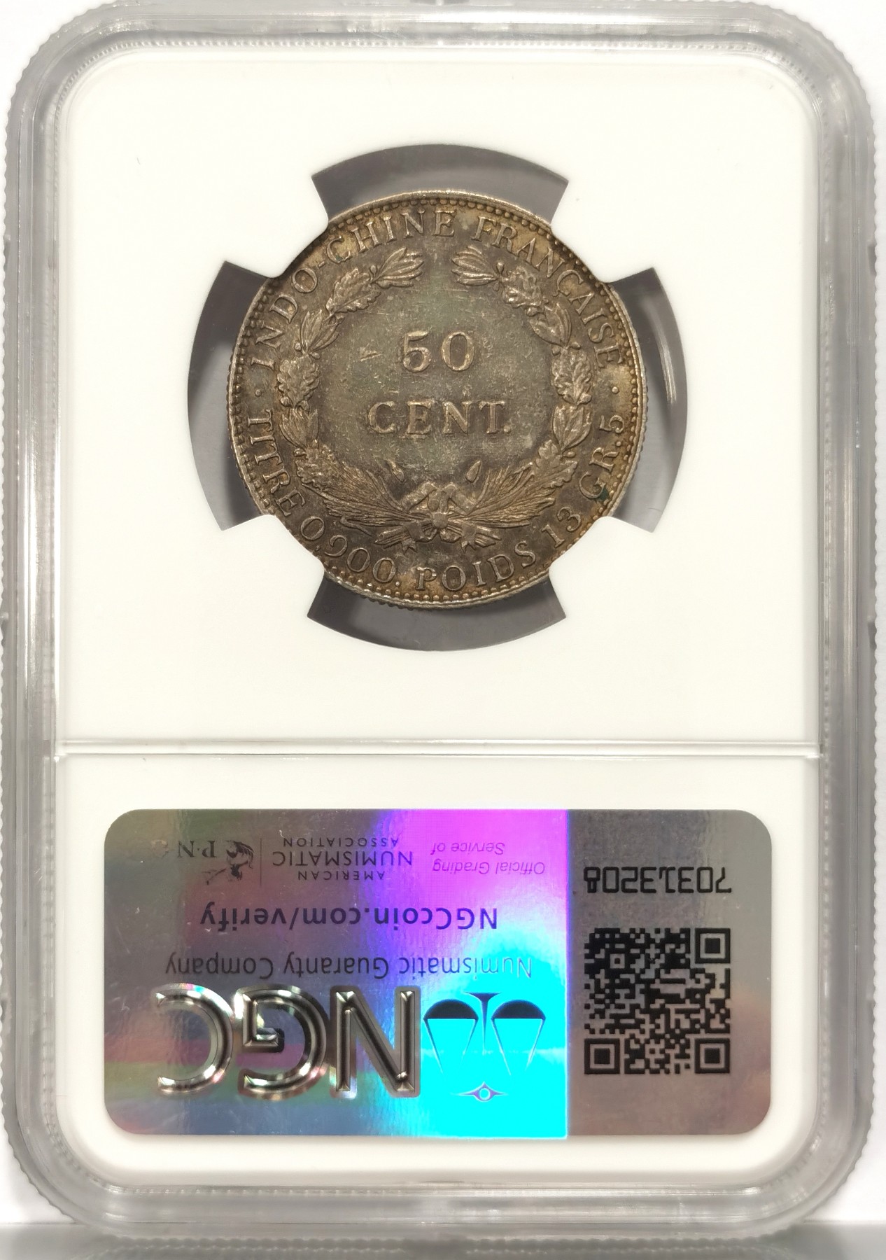 博洋堂世界钱币拍卖第066期（全场包邮） NGC AU50 法属印支坐洋1936年50分半圆银币，重五彩