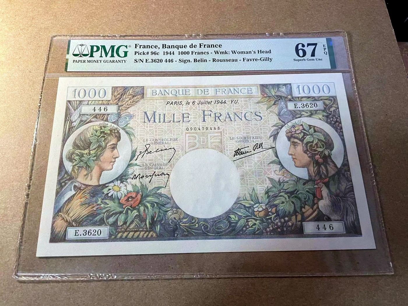 【Blue Auction】✨世界纸币精拍第438期【精】 法国 1944年1000法郎 PMG67EPQ 高分 大票幅 墨丘利 精美