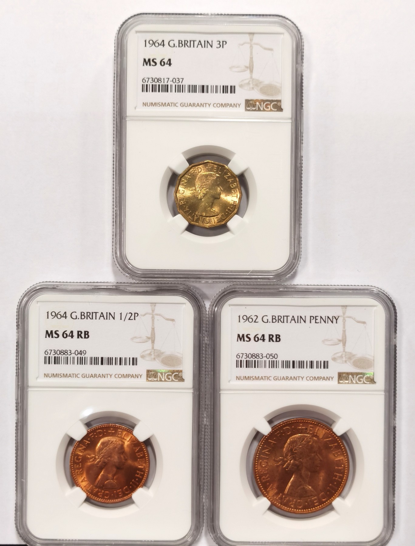 博洋堂世界钱币拍卖第066期（全场包邮） NGC MS64 英国1964年伊丽莎白二世1/2便士、1便士、3便士铜币3枚一组