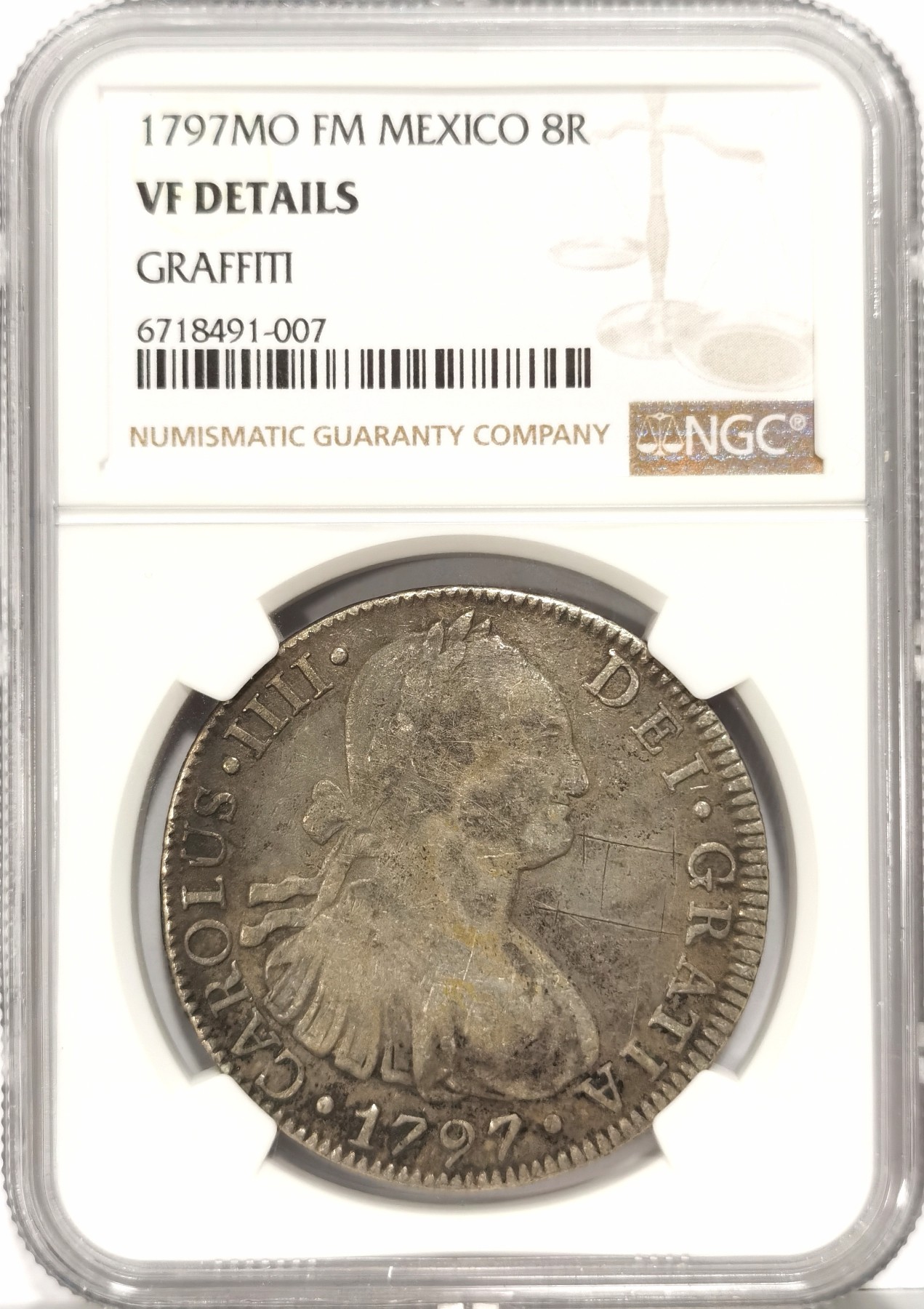 博洋堂世界钱币拍卖第066期（全场包邮） NGC VF 西属墨西哥1797年MO FM卡洛斯四世双柱银币，原味包浆，可惜正面有刻划